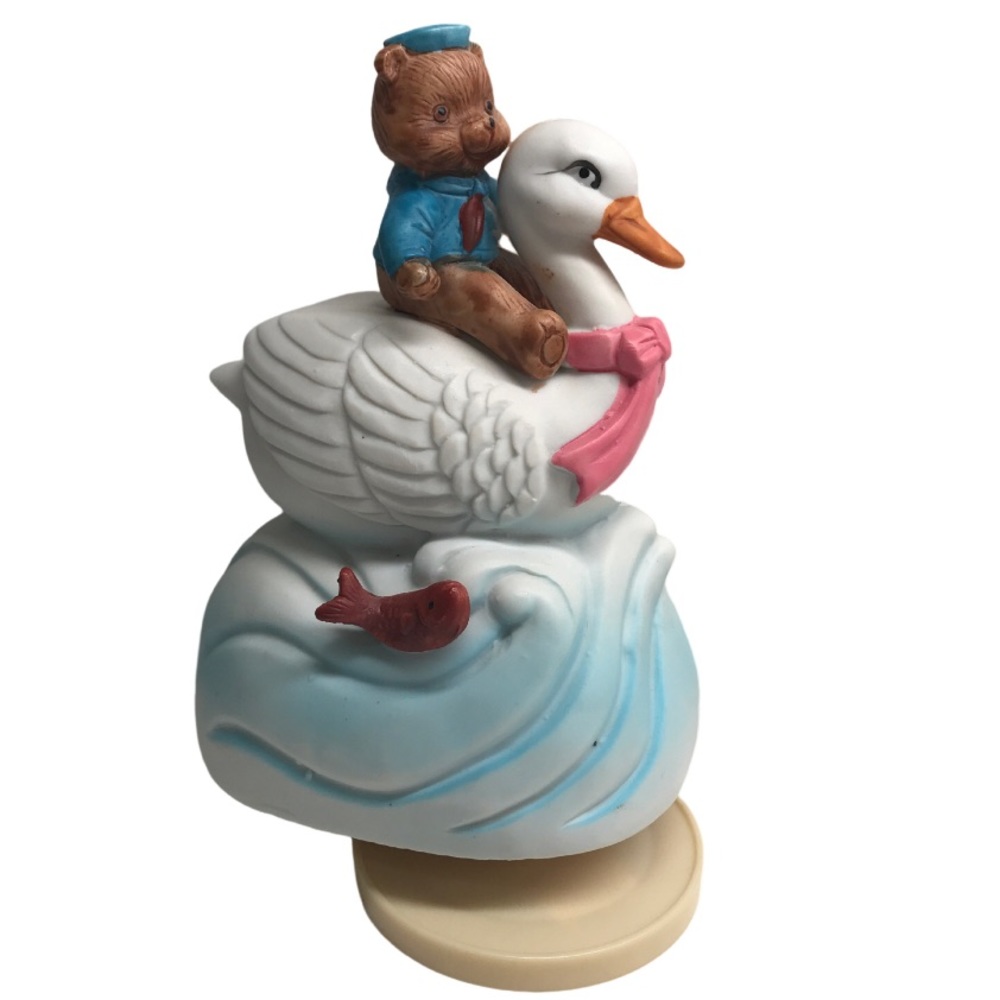 💕 Vintage 80’s Bear Riding Duck Nursery Room Music Box Decor Made In Taiwan